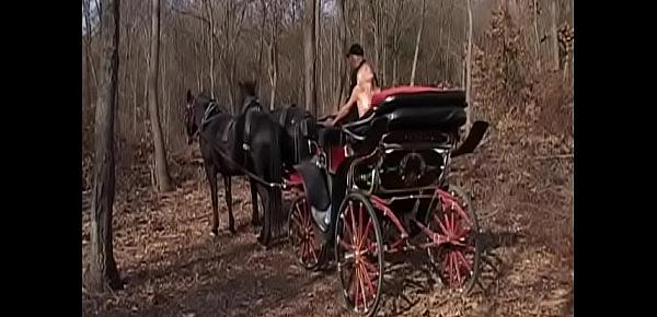 Playful senior cabin attendant Katia De Val allowed pilot assistant access for her body during horse and buggy circa walking in the woods